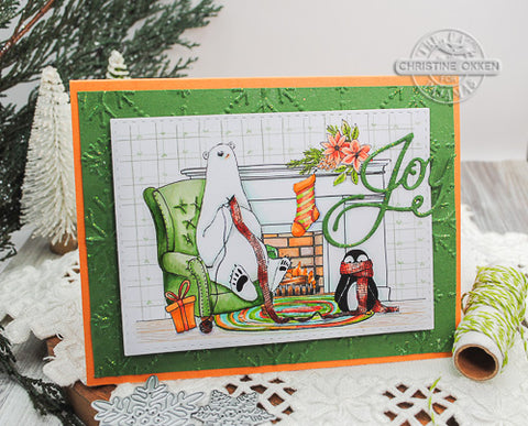 Polar Bear and Penguin at Fireplce Christmas Card