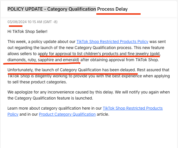 TikTok  Shop Category Process Delay Jewerly, children's product