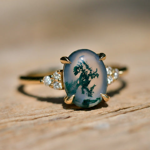 Moss agate cluster diamond engagement ring