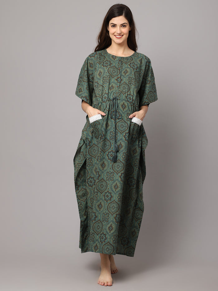 WOMEN'S COTTON GEOMETRIC PRINT MATERNITY KAFTAN WITH POCKET AND FEEDING