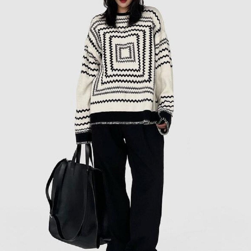 Korean Style Knitted Sweater Women Oversize Geometric Pattern Striped Streetwear Pullover Long Sleeve Jumper Fall 2021