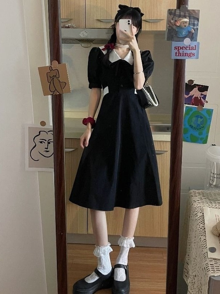 Drespot Vintage Black Dress Women Wrap Bandage Kawaii Puff Sleeve Dresses School Student Party Gothic Goth Robes Girl 2022 Summer