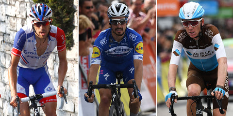 Photo de face de nos cyclistes français Julian Alaphilippe, Romain Bardet et Thibaut Pinot
