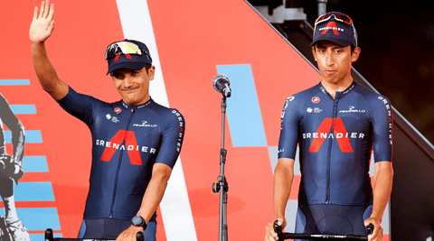 Photo de face des coureurs cyclistes Bernal et Carapaz