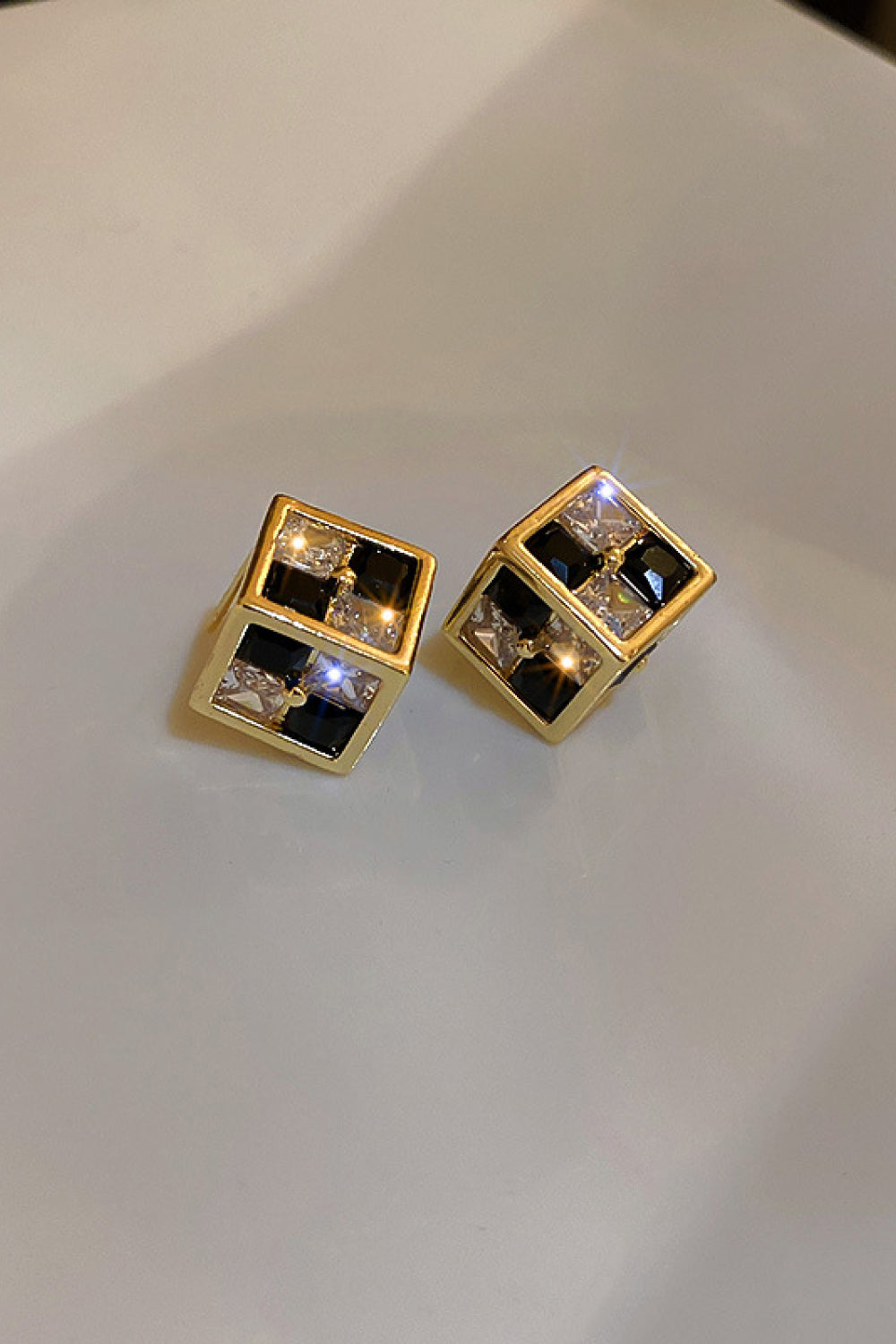Checkered Rhinestone Cube Stud Earrings