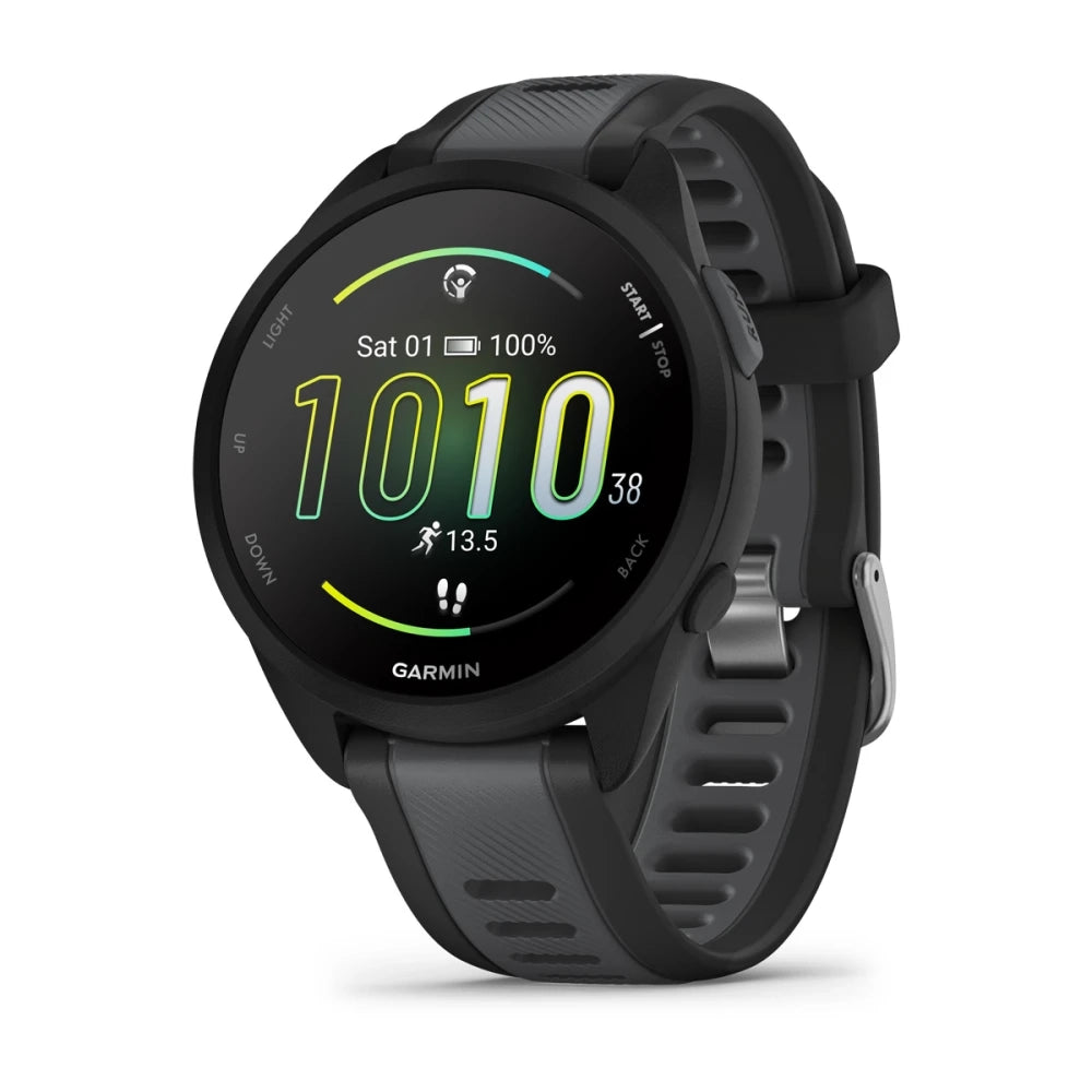 Garmin Forerunner 165 Music left side view showing time, date, battery level, step progress, distance run, and buttons for start/stop and back navigation