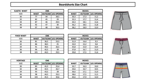 Boardshorts size chart