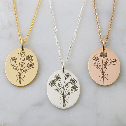 Unique Engraved Birth Month Flower Charms Cascading on a 14k Gold Chain,  Cluster of Multi Birth Flower Pendants on a Family Necklace Gift