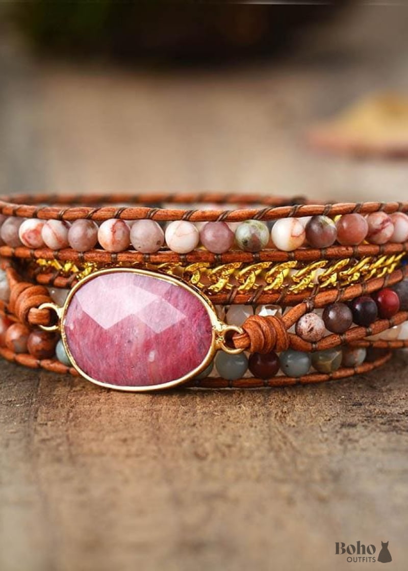 Wrap Around Bracelet - Brown Leather and Carnelian Small