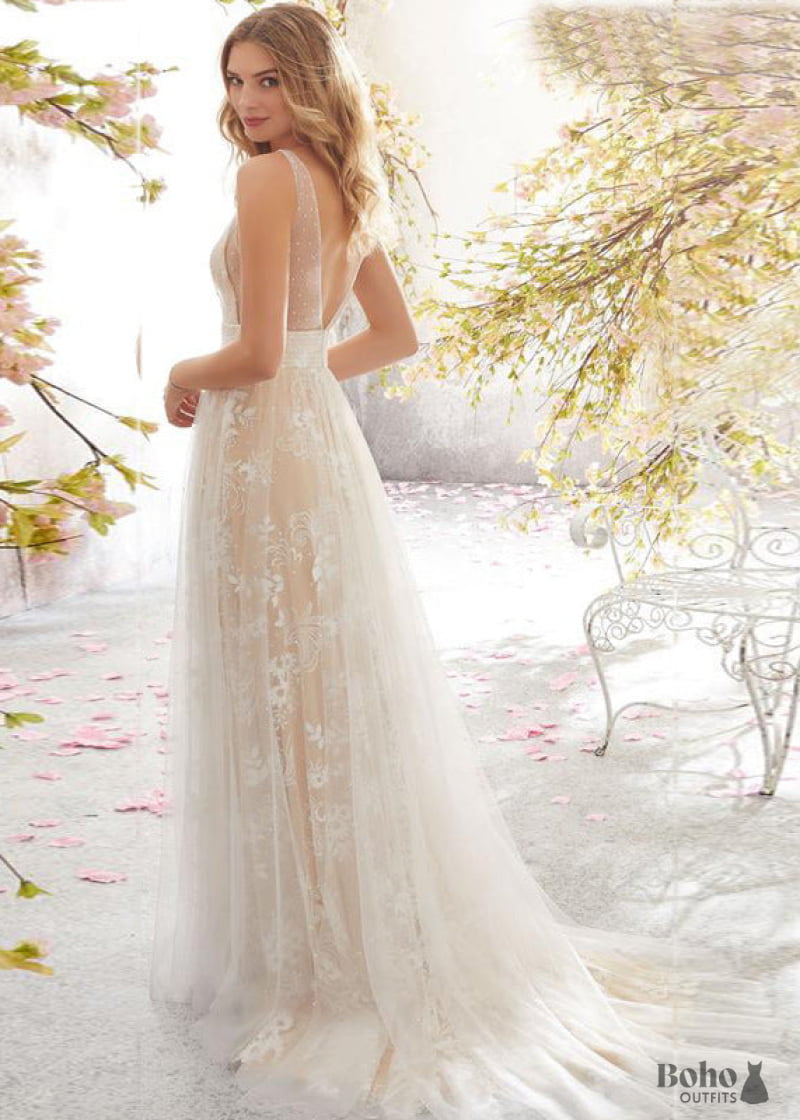 Boho V-neck Sweep Train Tulle Sleeveless Wedding Dress - – Boho Dress  Official