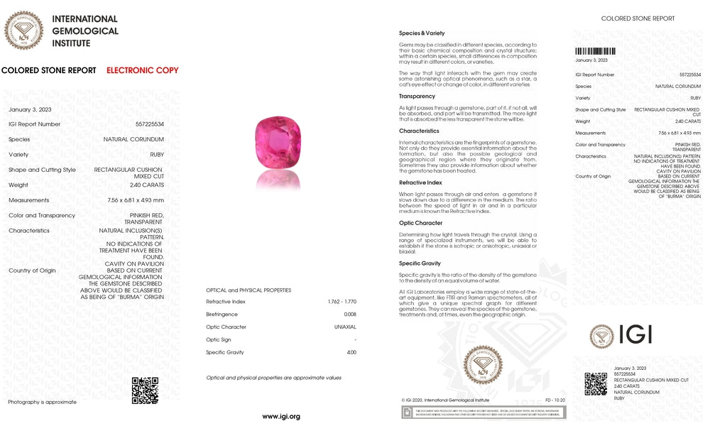 An IGI lab report on a 2.40 carat Burmese Ruby