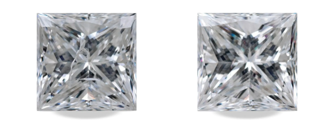 A diamond before and after being treated with lasers to reduce the impact of the inclusion on its table