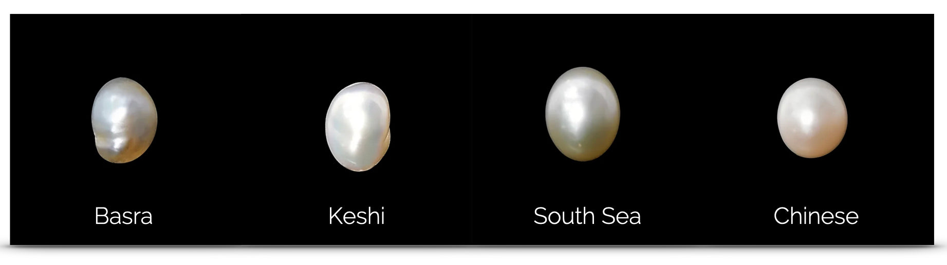 The different types of pearls including Keshi, South Sea, Basra, and Chinese