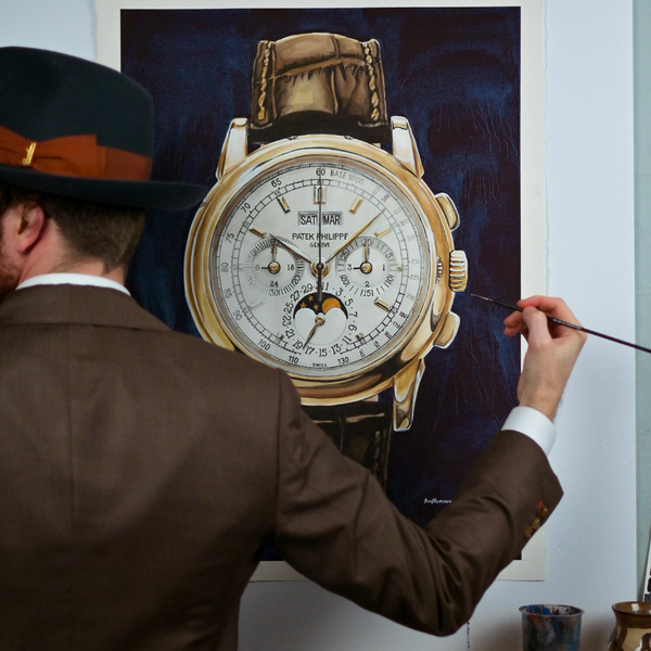 Sunflowerman posing next to one of his renowned watch paintings