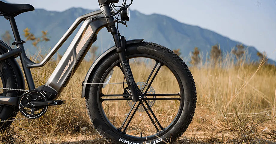 Gros plan sur la roue avant du vélo électrique Fiido Titan