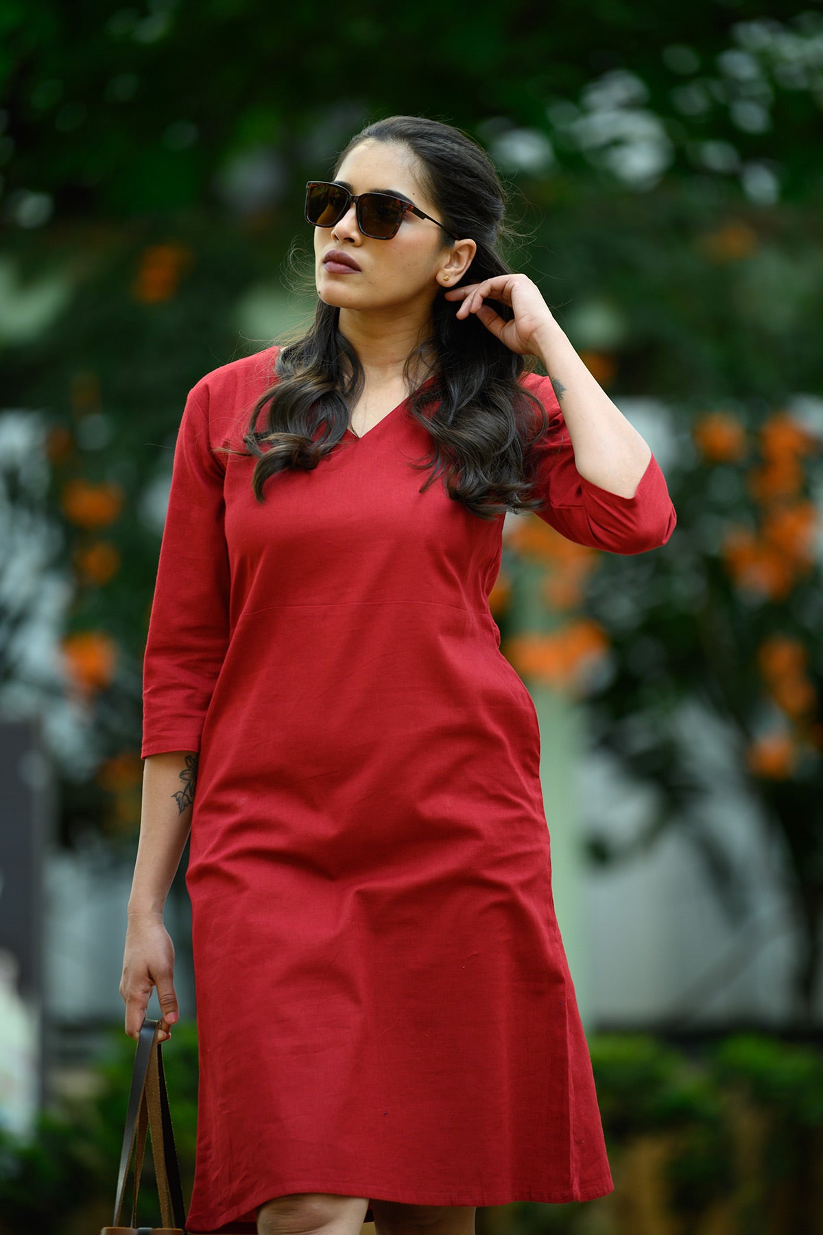 Inaya Cotton Linen A-Line Dress - Maroon – The August Co.