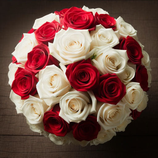 Red and white roses meaning and symbolism. Showing a bunch of white and red roses in an arrangement