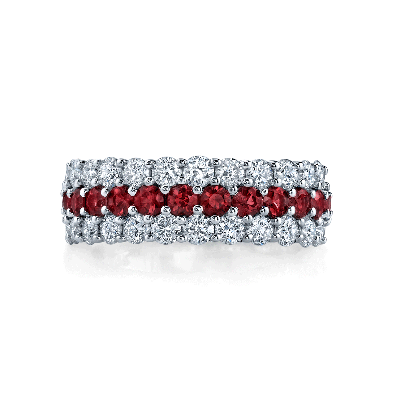 18k White Gold Three Row Diamond and Ruby Band