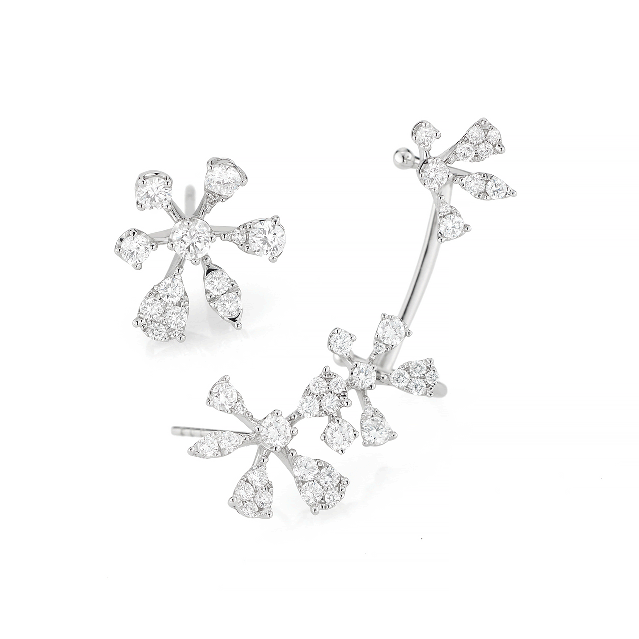 14K Gold and Diamond Flower Ear Climber and Stud