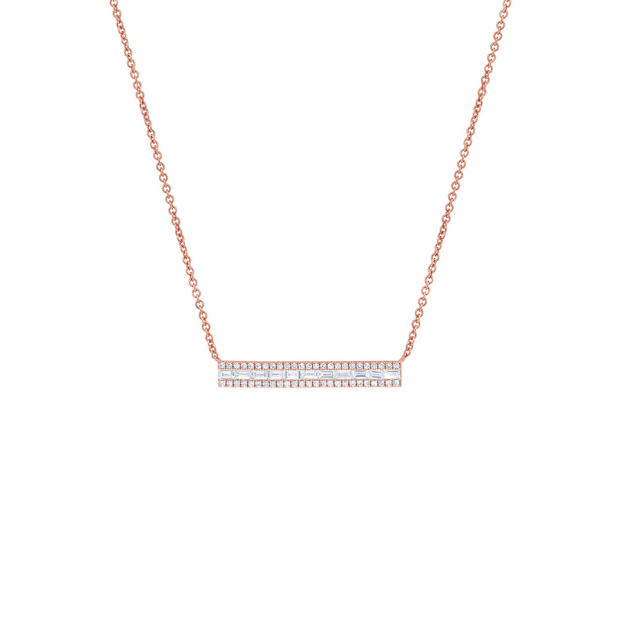Minimalist bar necklace with baguette diamonds in rose gold.