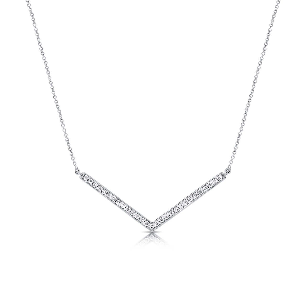 Minimalist v-shaped diamond and white gold necklace.