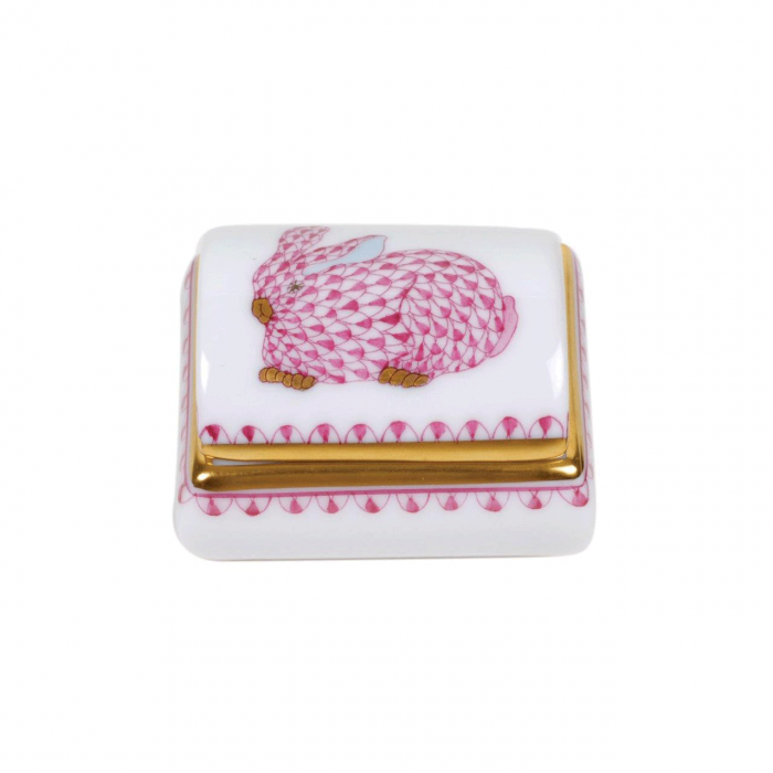 hand-painted porcelain tooth fairy box with a pink bunny and gold trim