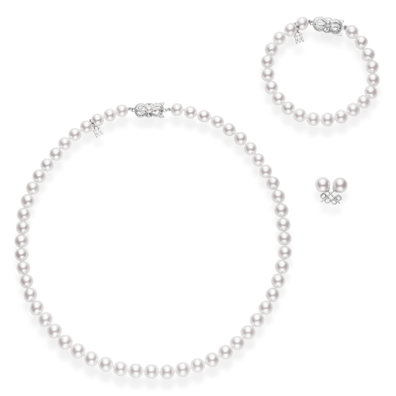 Mikimoto 18K Gold and Akoya Pearl Necklace, Bracelet, and Stud Set