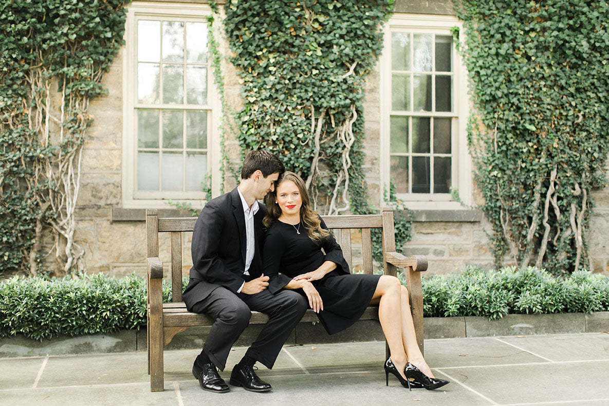 Matt (left) & Jenna (right) sit together on a bench on the Princeton University campus. 