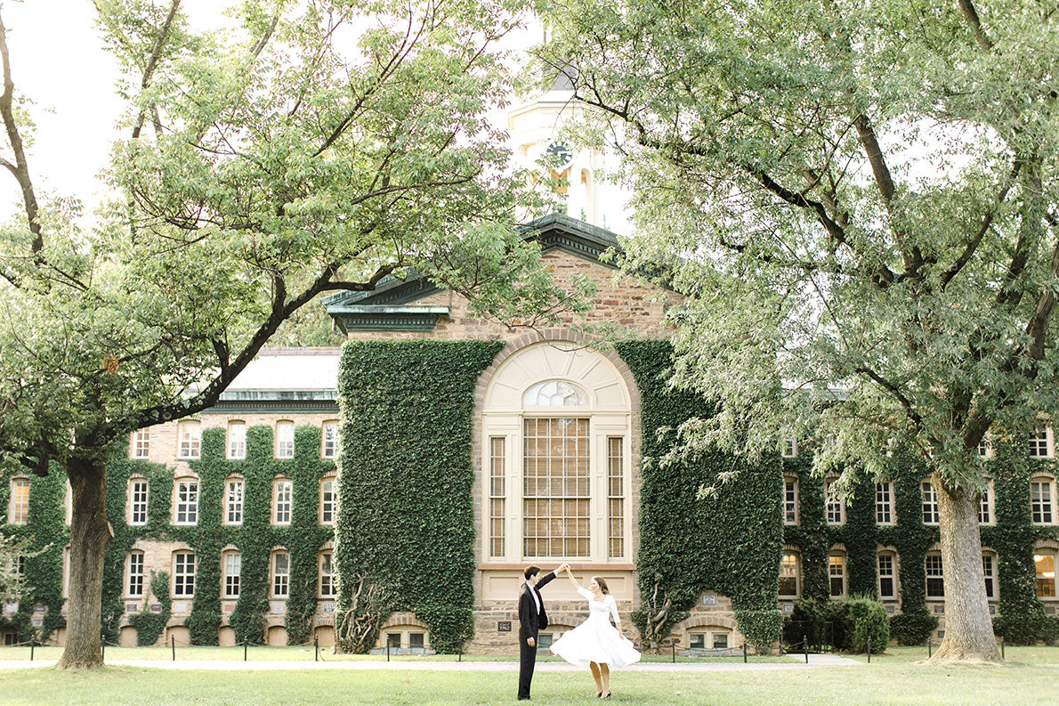 Jenna (right) and Matt (left) wear white and black in their engagement photos on the Princeton University campus.  