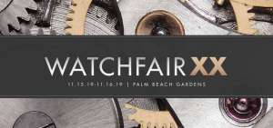 The words “Watch Fair XX” on a black strip background over wheels and cogs of timepiece mechanics.