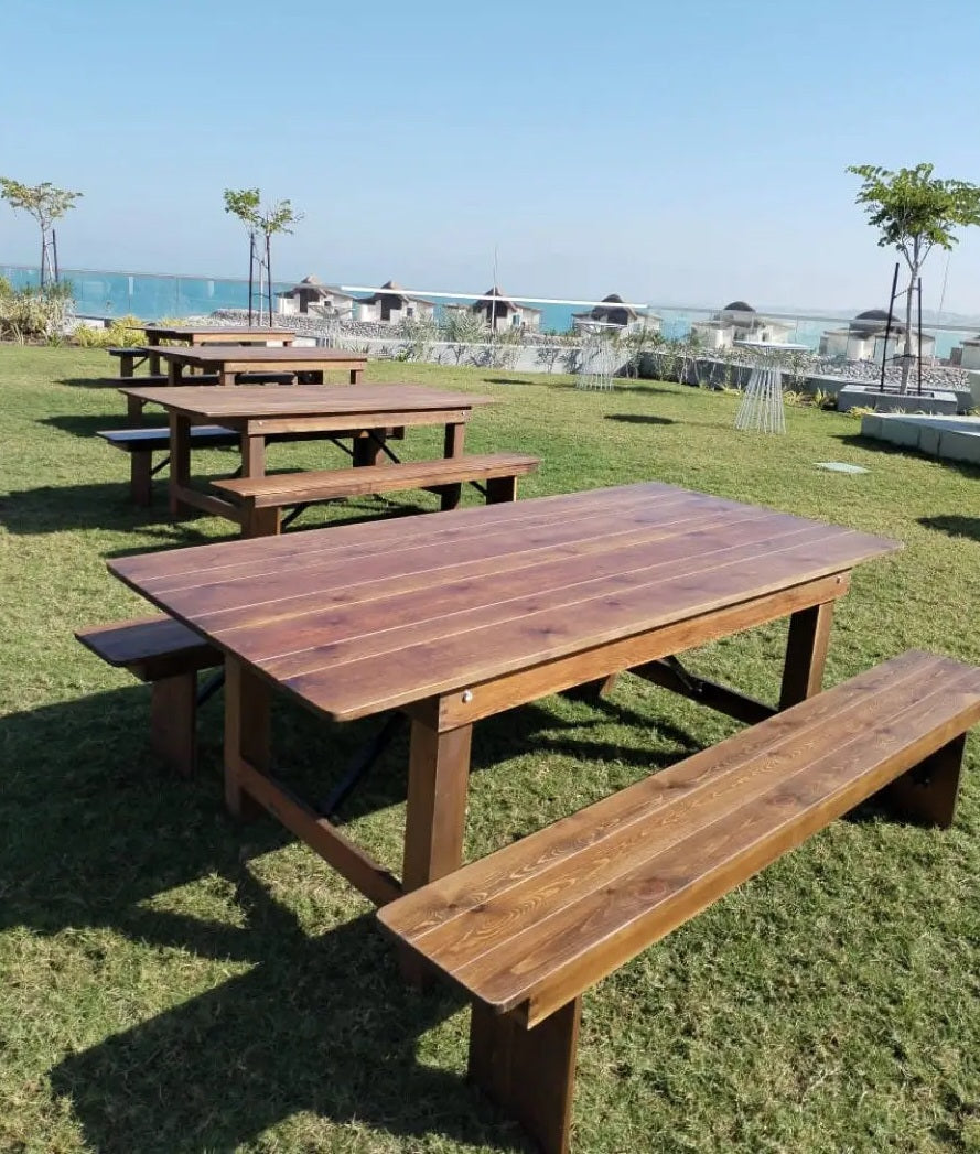 Outdoor rent tables and chairs with ocean view.