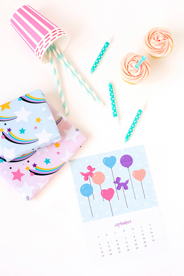 Printable balloon September 2016 calendar and shooting star gift wrap