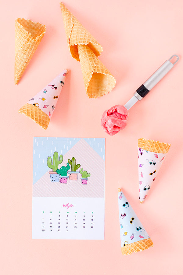 Printable summer ice cream cone wrappers and cactus August calendar