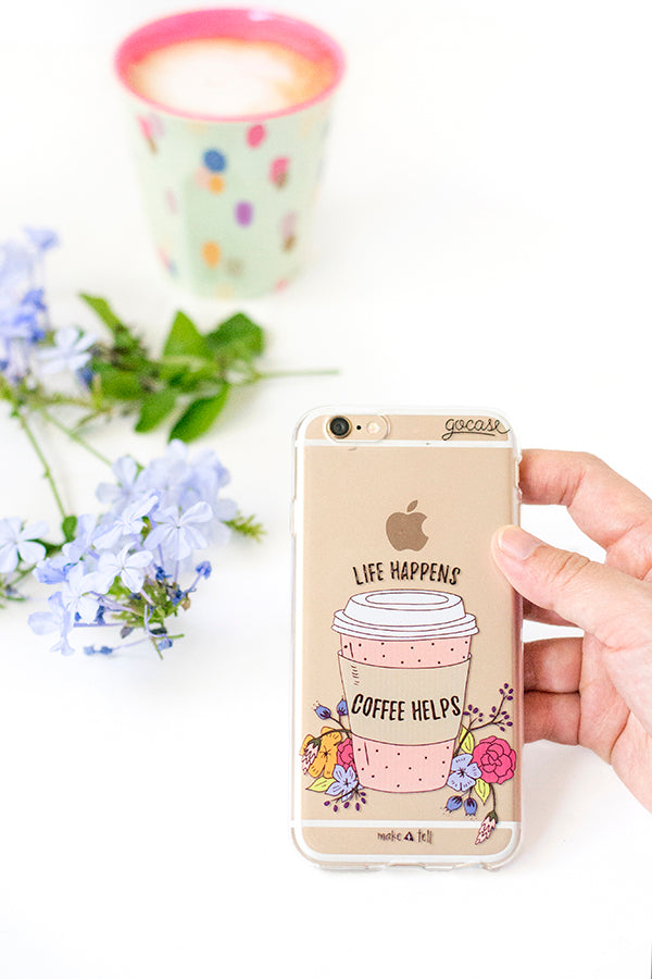 Life happens, coffee helps phone case. Design by Make and Tell, available from Gocase