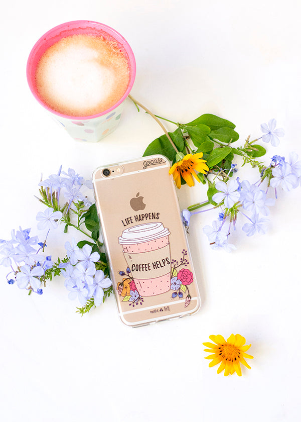 Life happens, coffee helps phone case. Design by Make and Tell, available from Gocase