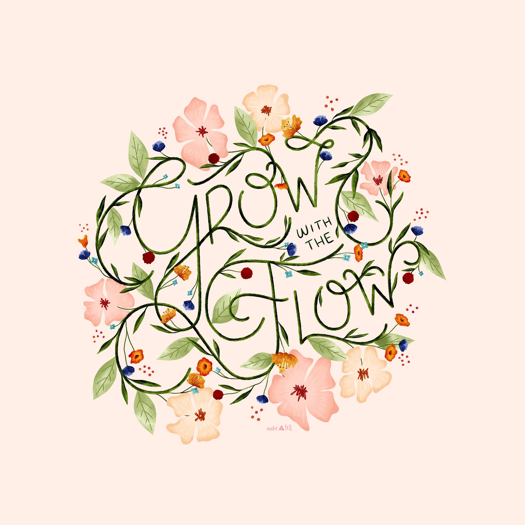 Grow with the flow self-care motivational floral hand-lettered desktop, phone and tablet wallpaper