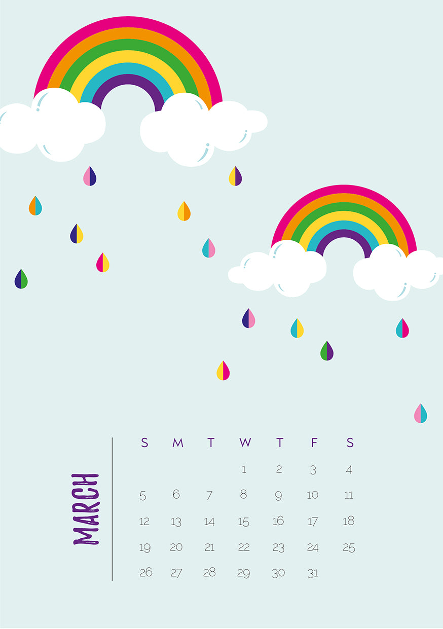 Printable March 2017 rainbow calendar