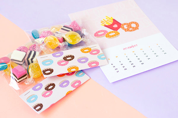 Printable donut treat bag toppers and junk food calendar