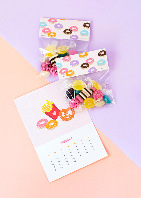 Printable donut treat bag toppers and junk food calendar