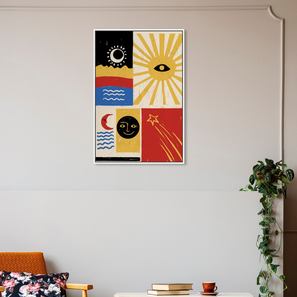 "Moonstar Revolution", Retro Cosmic Shapes Modern & Contemporary Yellow Framed Canvas Wall Art Print for Bedroom - Image 42