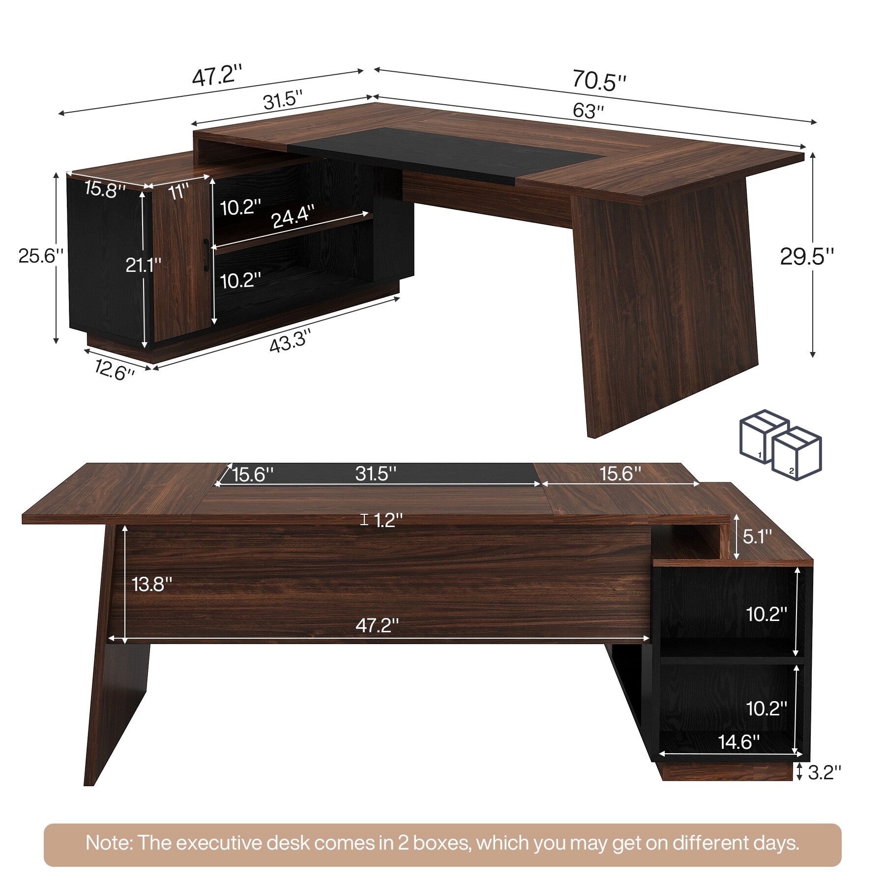 70.5'' Large L-Shaped Executive Desk with File Cabinet