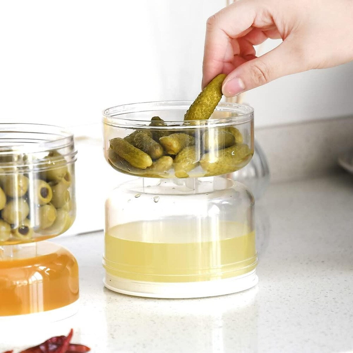 Hourglass Draining Jar Juice Separator Pickle and Olive Container