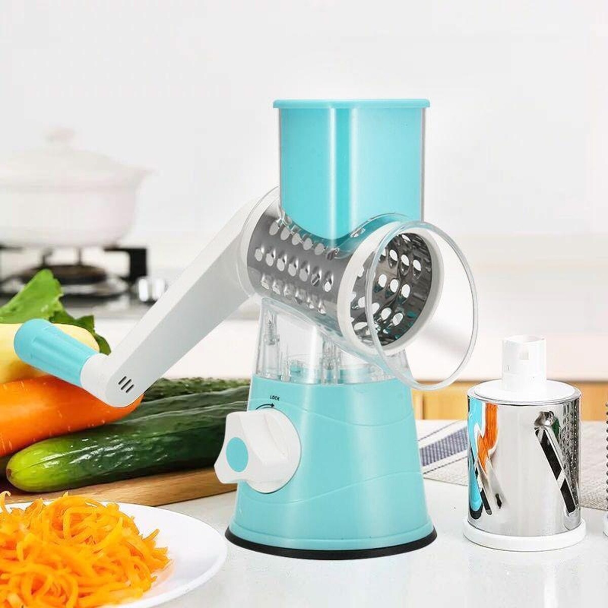 Rotary Cheese Grater Vegetable Slicer with 3 Interchangeable Blades