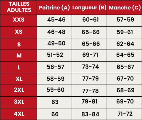 Guide de Tailles  Jerseys LED ADULTES