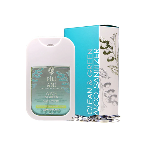 Pili Ani Clean & Green Alco-Sanitizer with Elemi Oil in a white silicone case accessory