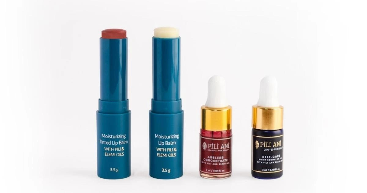 Pili Ani Lip & Face set with two face oils in 3ml bottles and two full-sized lip butters