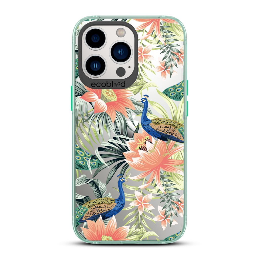 Peacock Palace - Green Eco-Friendly iPhone 12/13 Pro Max Case With Peacocks + Colorful Tropical Fauna On A Clear Back
