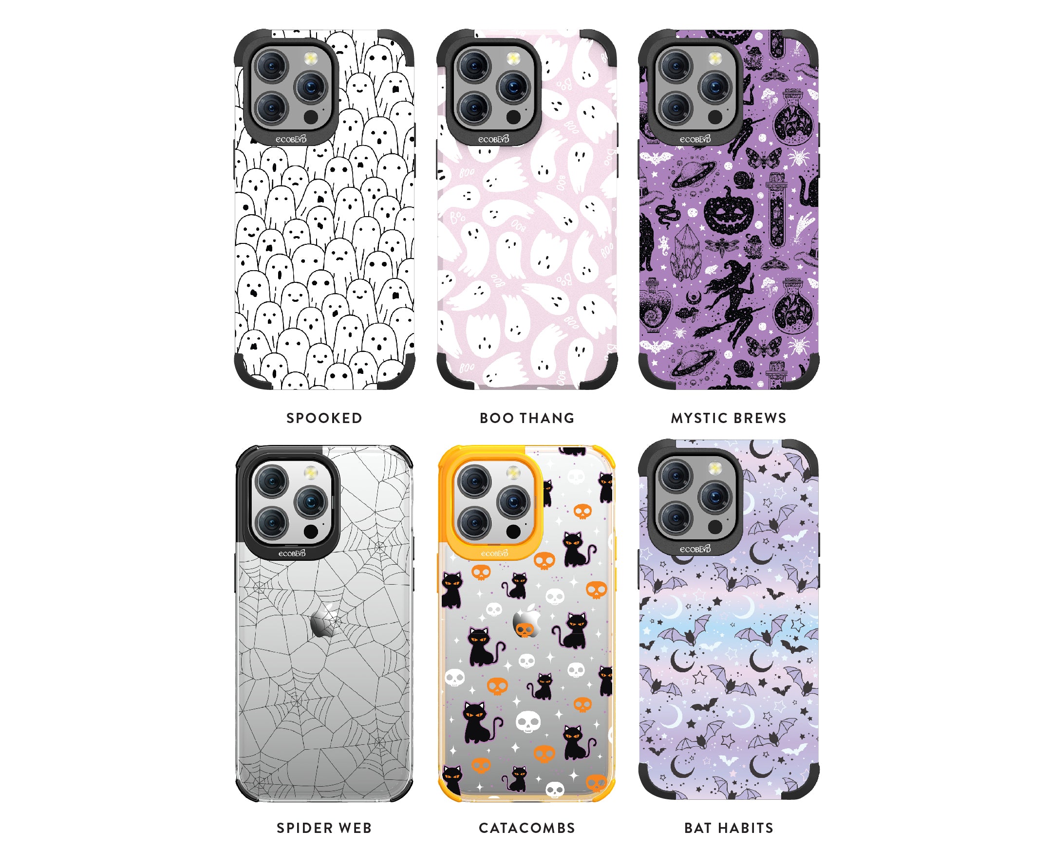 EcoBlvd's Spooked, Boo Thang, Mystic Brews, Spider Web, Catacomb and Bat Habits Phone Case Designs