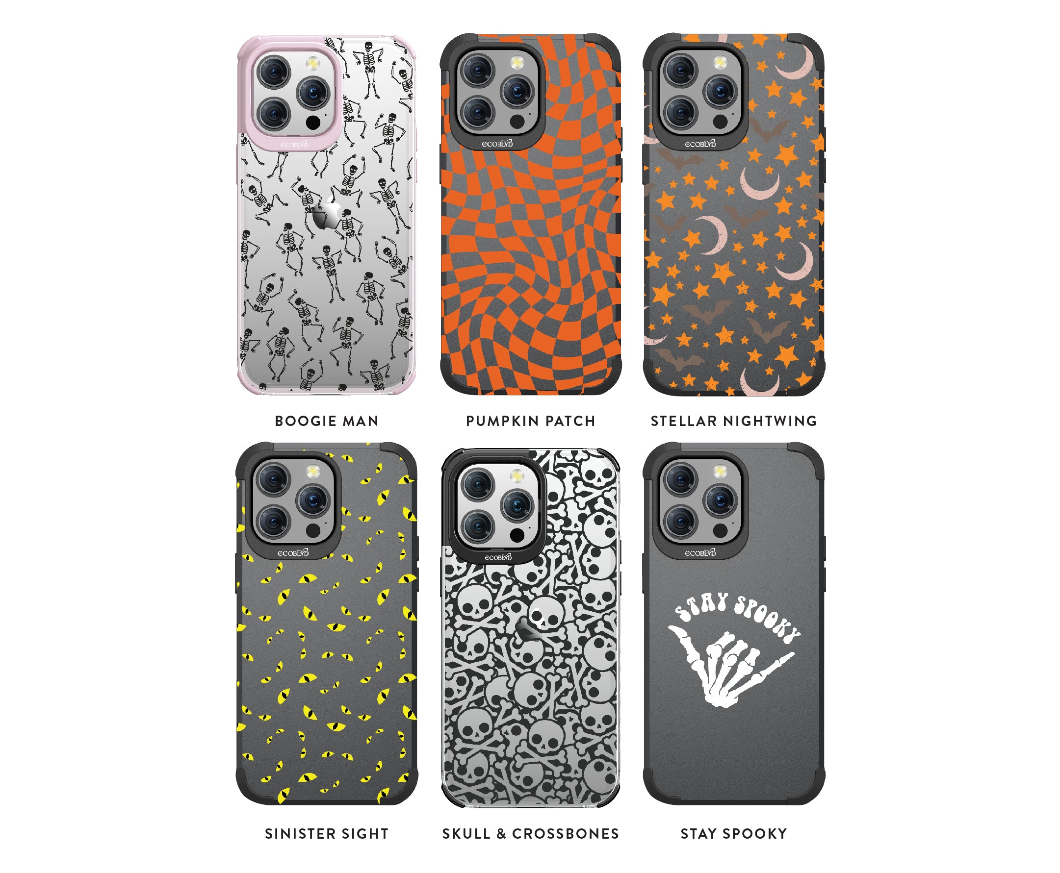 EcoBlvd's Boogie Man, Pumpkin Patch, Sinsiter Sight, Skull & Crossbones, and Stay Spooky Phone Case Designs