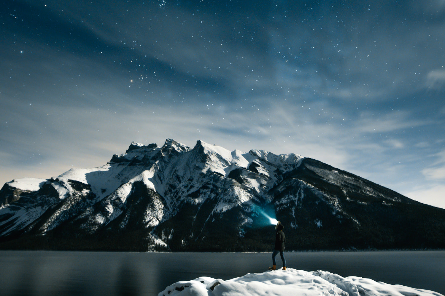A Man Looking Up To A Starlit Sky With A Snowcapped Mountain View Behind Him